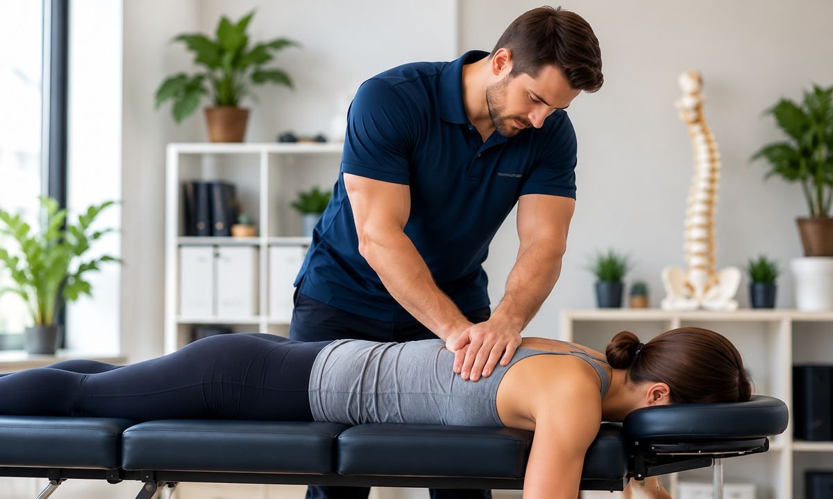 Practitioner assessing a patient's back on a treatment table