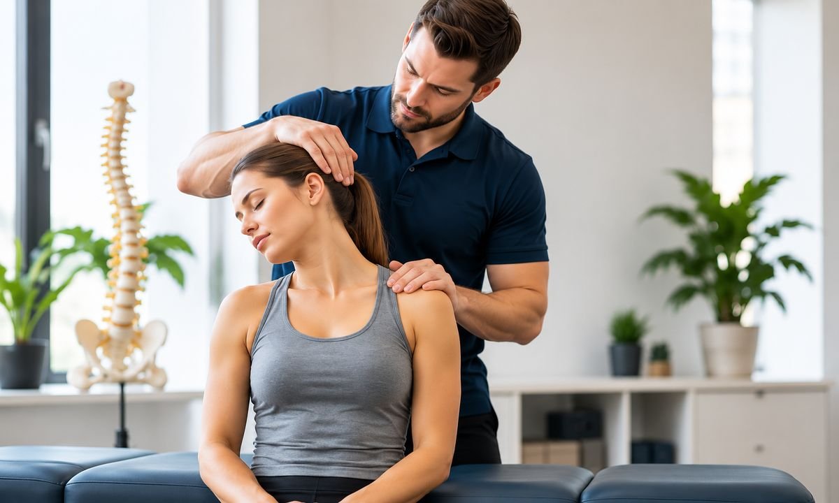 Practitioner assessing neck movement with a spine model in the background
